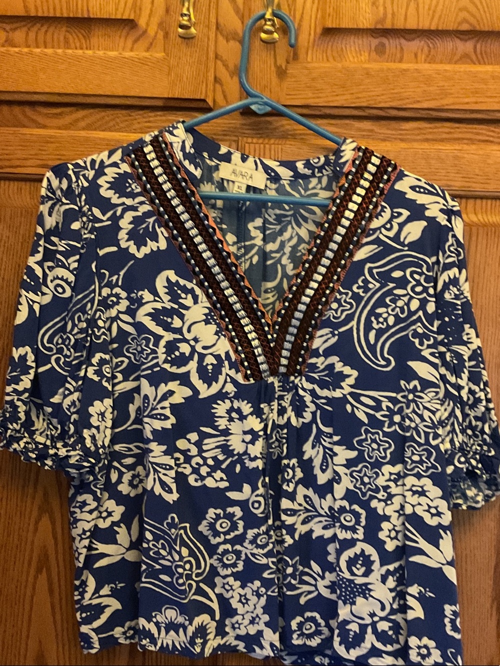 Avara Blue and White Floral V-Neck Tunic with Embellished Trim